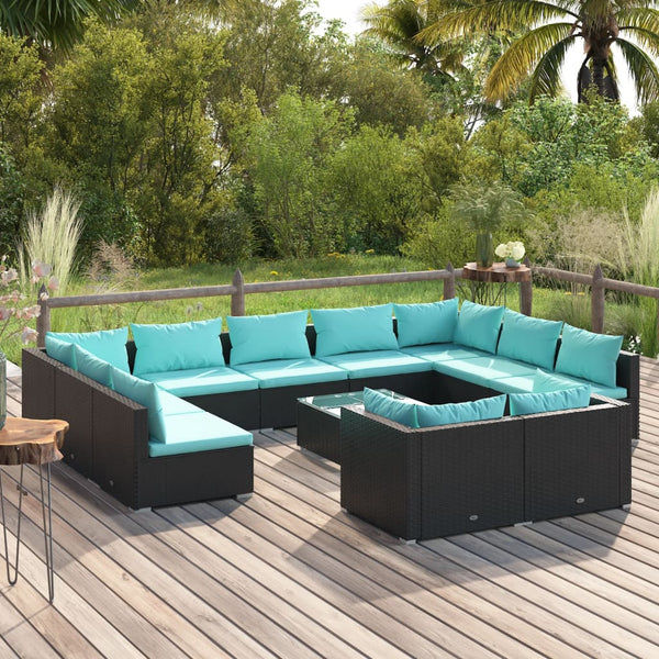 vidaXL 12-Piece Garden Lounge Set with Cushions Black Poly Rattan