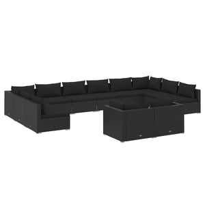 vidaXL 12-Piece Garden Lounge Set with Cushions Black Poly Rattan
