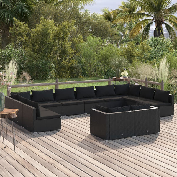 vidaXL 12-Piece Garden Lounge Set with Cushions Black Poly Rattan