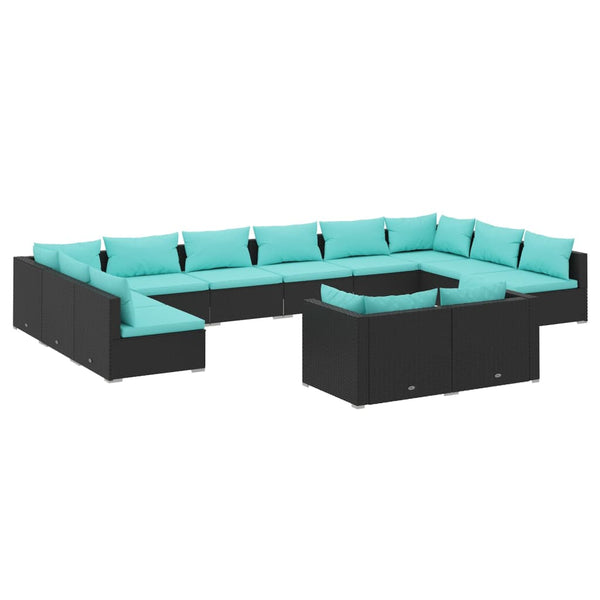 vidaXL 12-Piece Garden Lounge Set with Cushions Black Poly Rattan