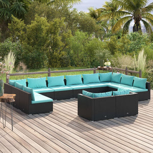 vidaXL 12-Piece Garden Lounge Set with Cushions Black Poly Rattan