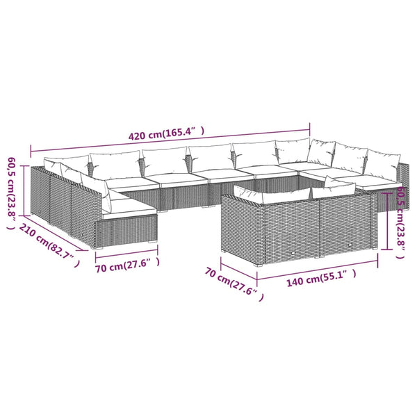 vidaXL 12-piece Garden Lounge Set with Cushions Brown Poly Rattan