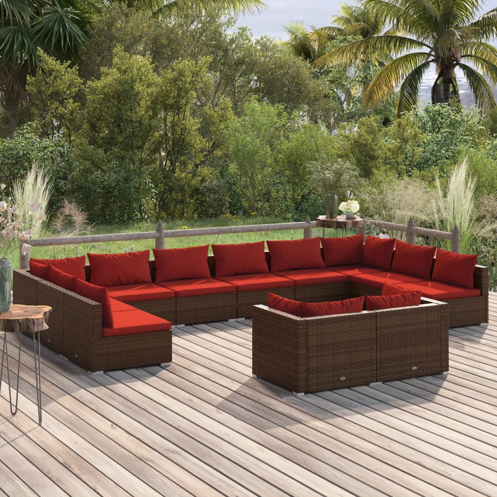 vidaXL 12-piece Garden Lounge Set with Cushions Brown Poly Rattan