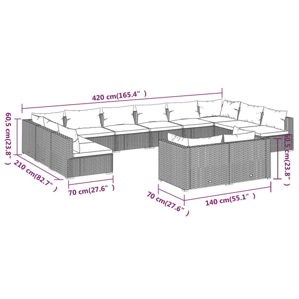 vidaXL 12-piece Garden Lounge Set with Cushions Brown Poly Rattan