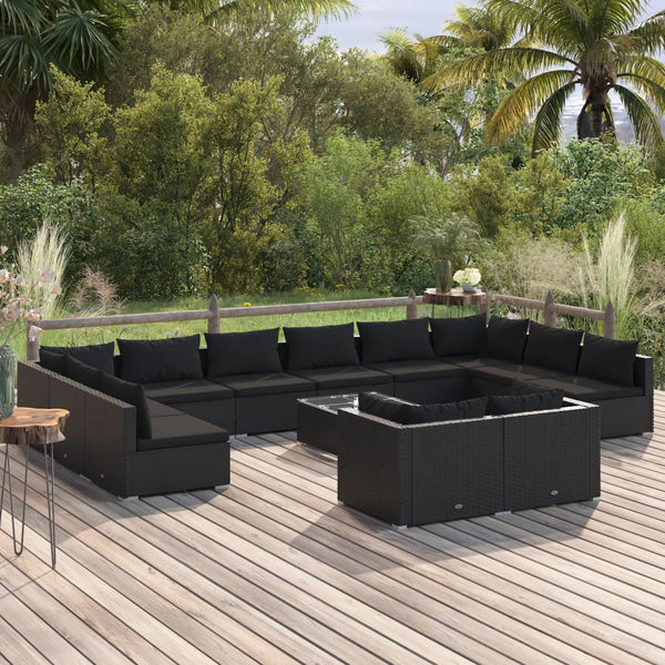vidaXL 13-Piece Garden Lounge Set with Cushions Black Poly Rattan