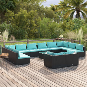 vidaXL 13-piece Garden Lounge Set with Cushions Black Poly Rattan