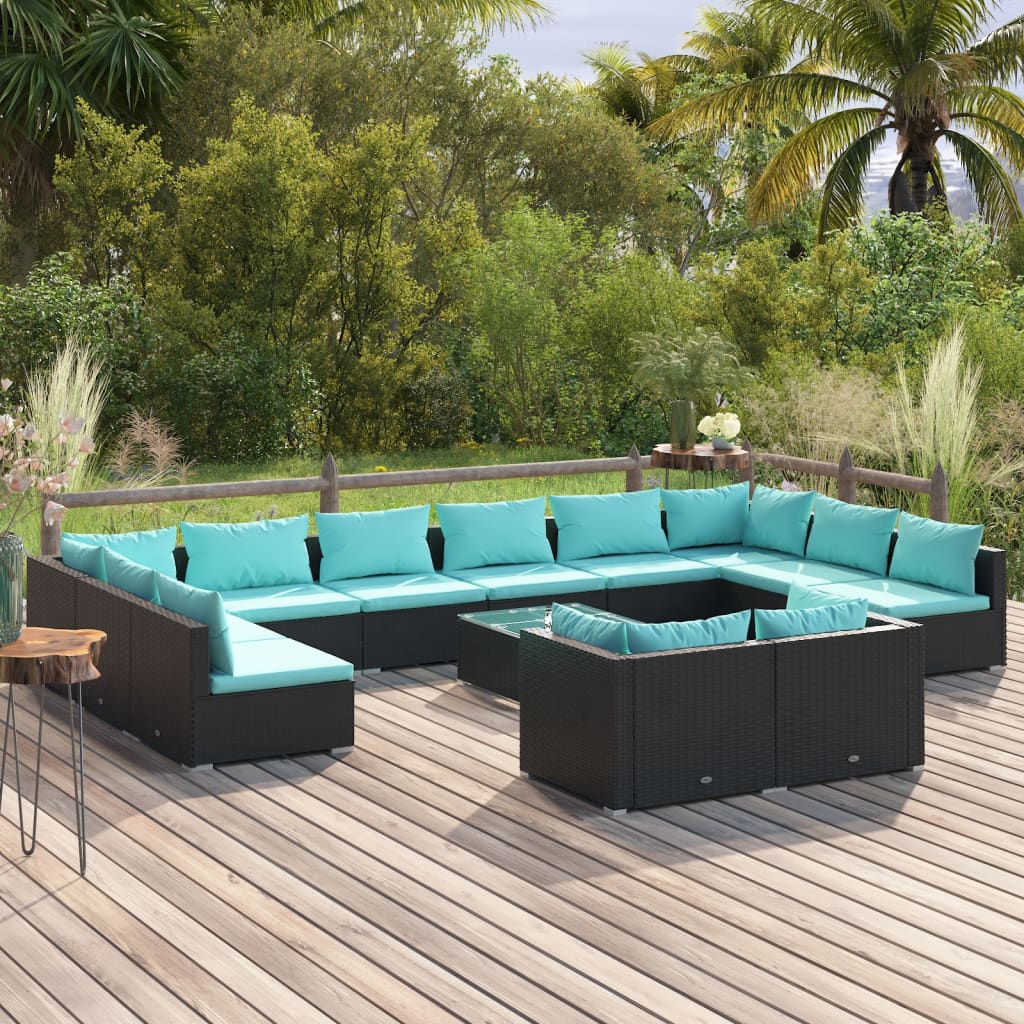 vidaXL 13-piece Garden Lounge Set with Cushions Black Poly Rattan