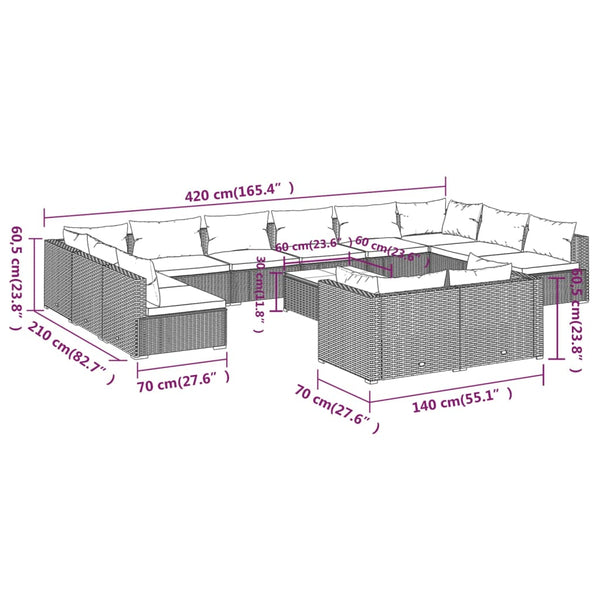 vidaXL 13-Piece Garden Lounge Set with Cushions Brown Poly Rattan