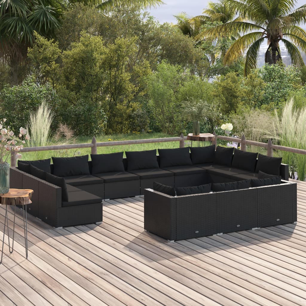vidaXL 13-piece Garden Lounge Set with Cushions Black Poly Rattan