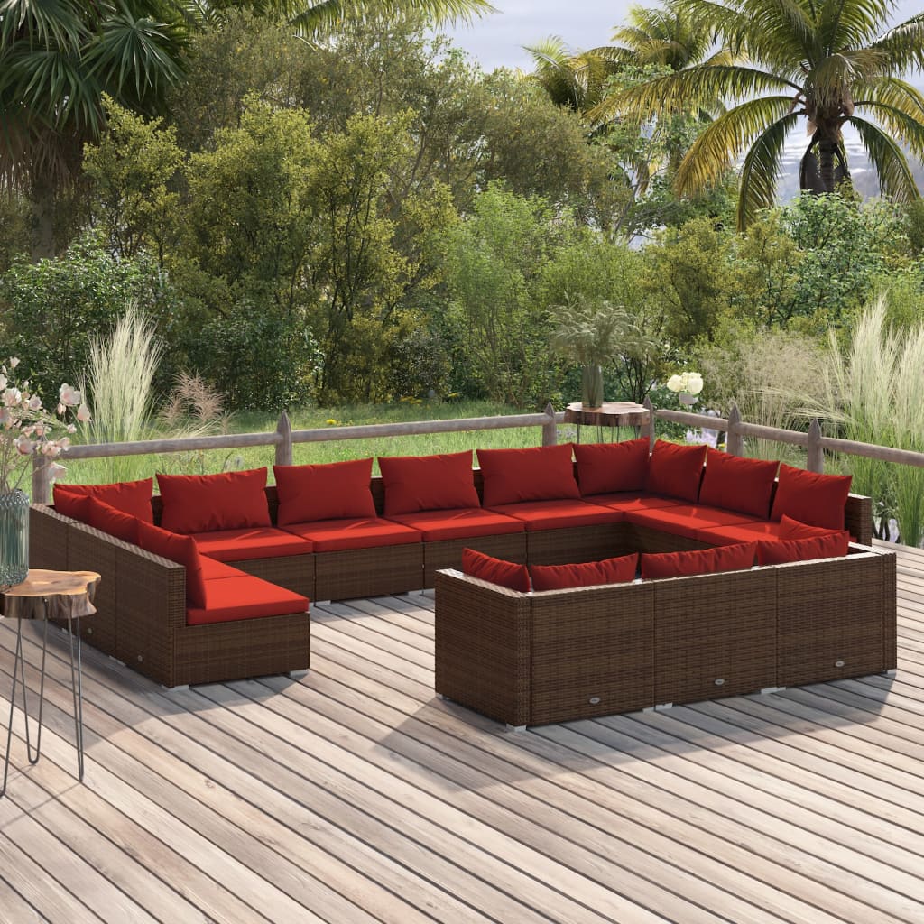 vidaXL 13-Piece Garden Lounge Set with Cushions Brown Poly Rattan