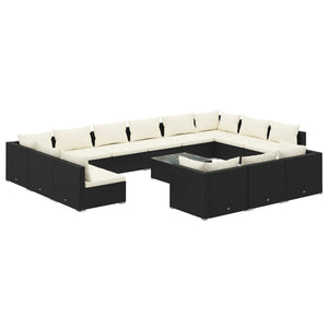 vidaXL 14-Piece Garden Lounge Set with Cushions Black Poly Rattan