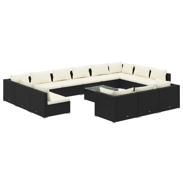 vidaXL 14-Piece Garden Lounge Set with Cushions Black Poly Rattan