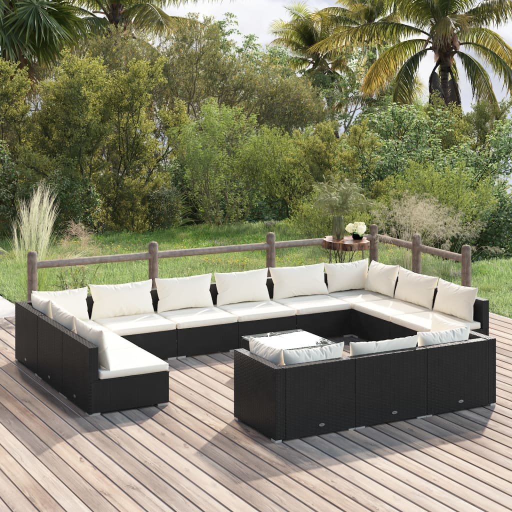 vidaXL 14-Piece Garden Lounge Set with Cushions Black Poly Rattan