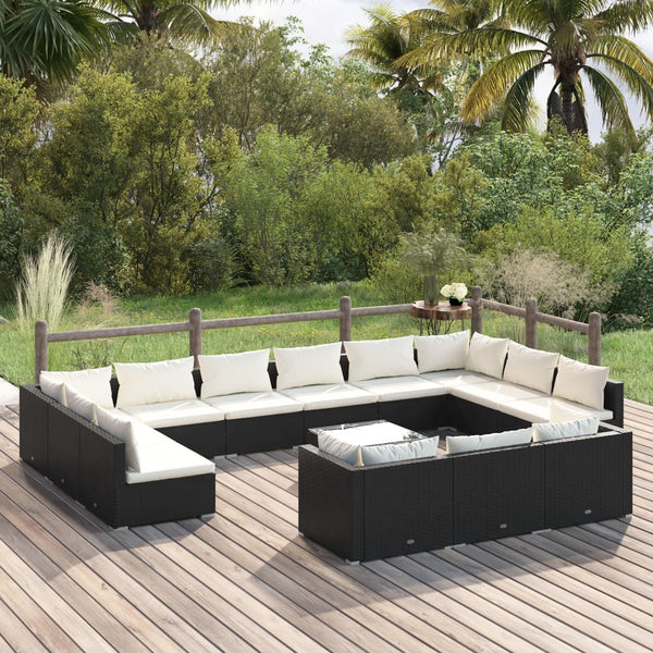 vidaXL 14-Piece Garden Lounge Set with Cushions Black Poly Rattan
