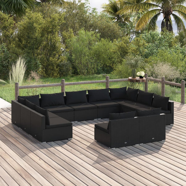 vidaXL 11-Piece Garden Lounge Set with Cushions Black Poly Rattan