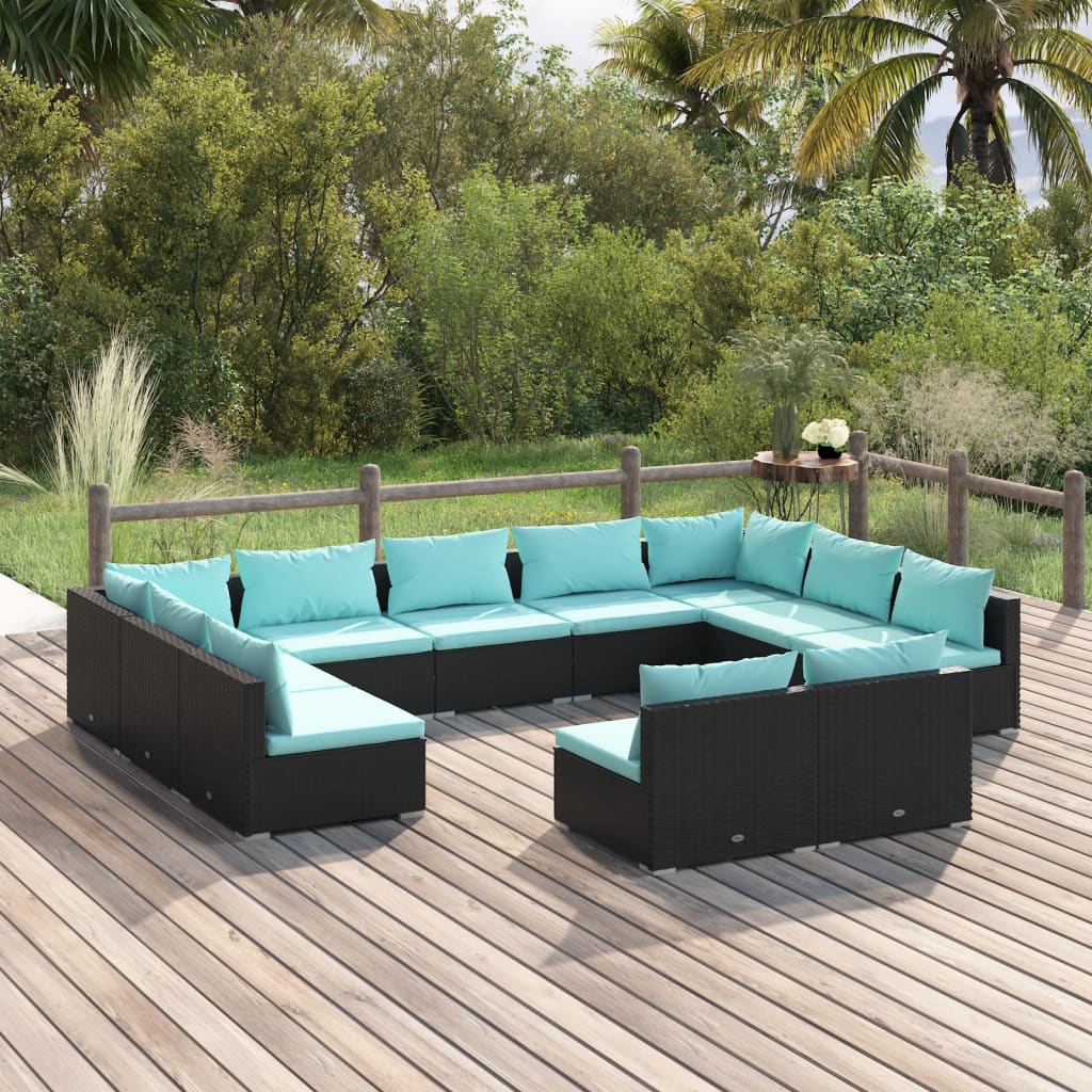 vidaXL 11-Piece Garden Lounge Set with Cushions Black Poly Rattan