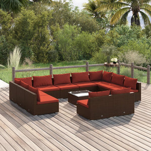 vidaXL 12-piece Garden Lounge Set with Cushions Brown Poly Rattan