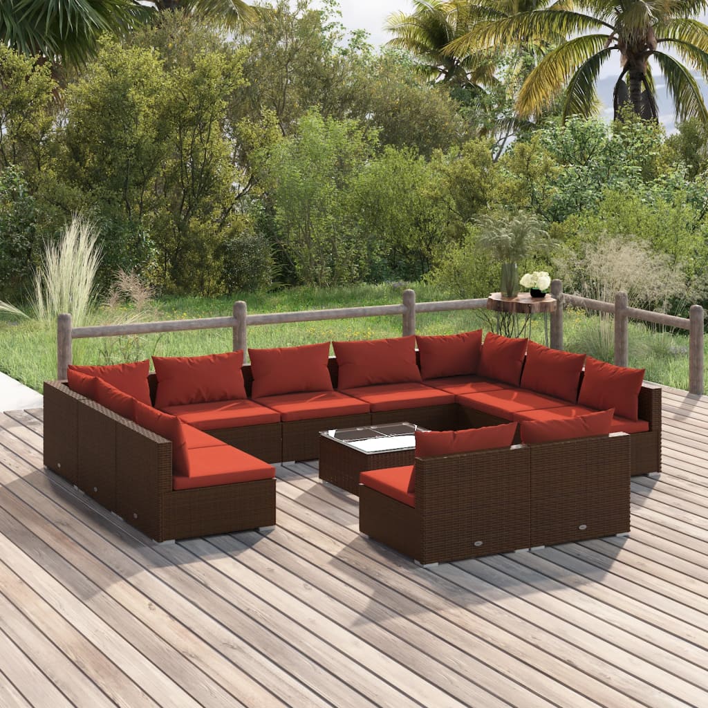 vidaXL 12-piece Garden Lounge Set with Cushions Brown Poly Rattan