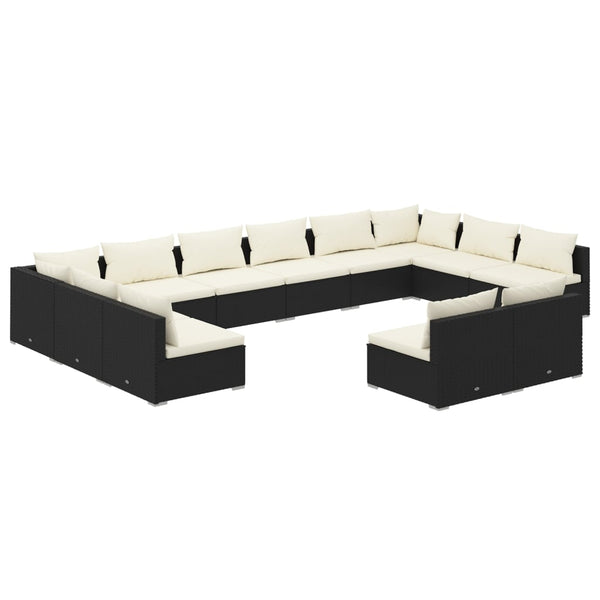 vidaXL 12-Piece Garden Lounge Set with Cushions Black Poly Rattan