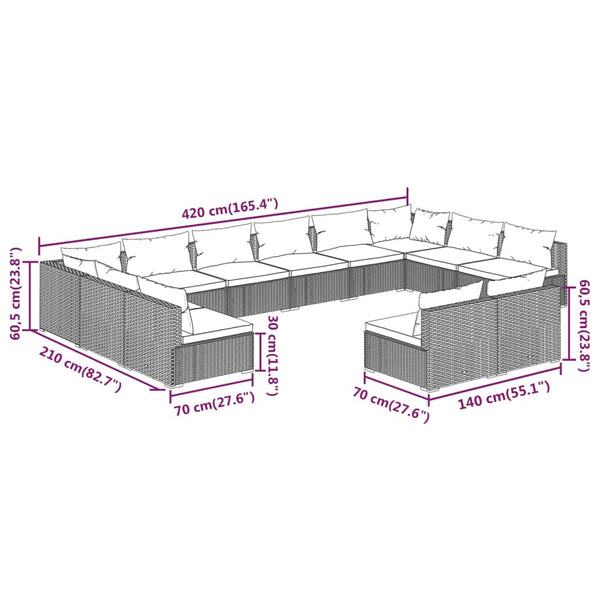 vidaXL 12-Piece Garden Lounge Set with Cushions Black Poly Rattan