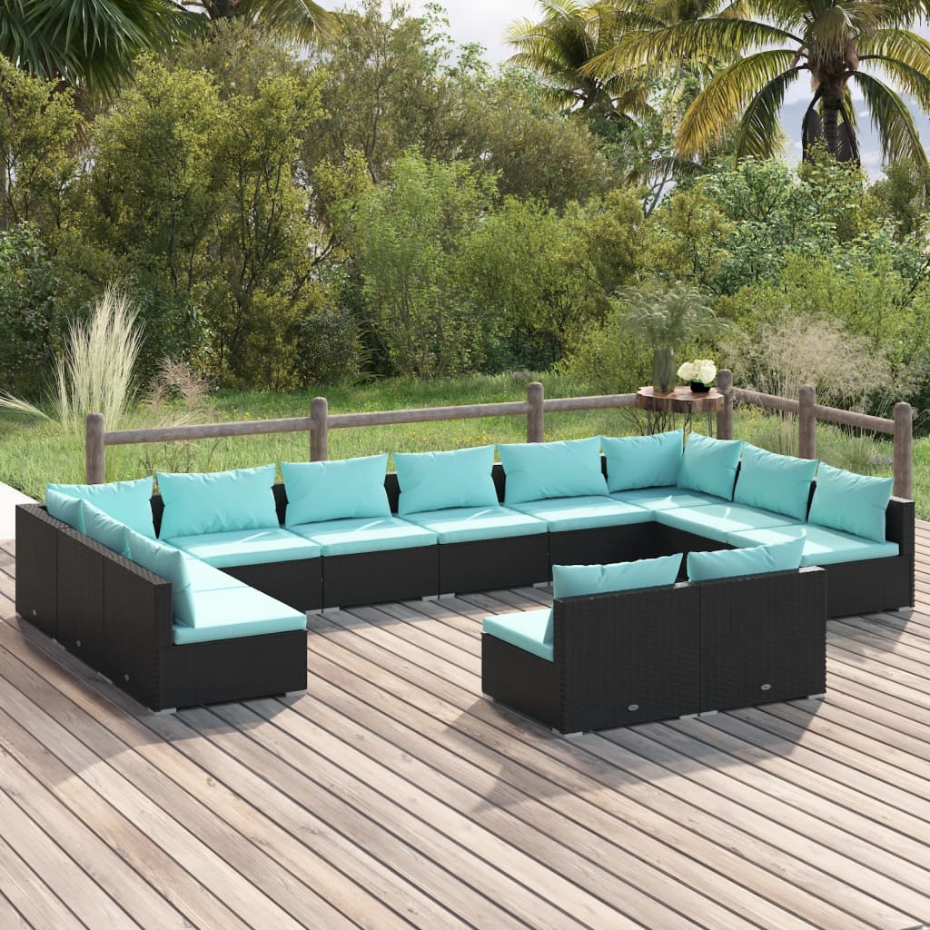 vidaXL 12-Piece Garden Lounge Set with Cushions Black Poly Rattan