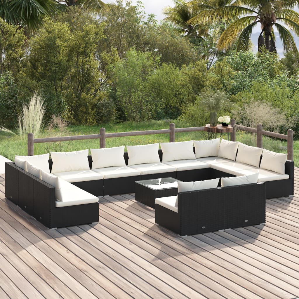 vidaXL 13-piece Garden Lounge Set with Cushions Black Poly Rattan