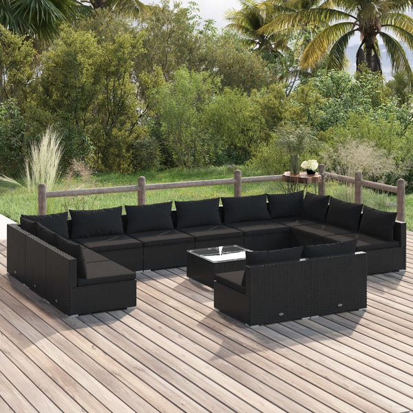 vidaXL 13-piece Garden Lounge Set with Cushions Black Poly Rattan