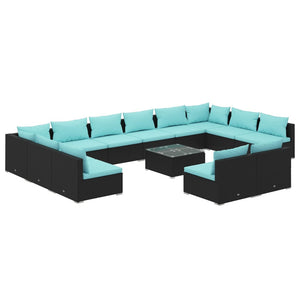 vidaXL 13-piece Garden Lounge Set with Cushions Black Poly Rattan