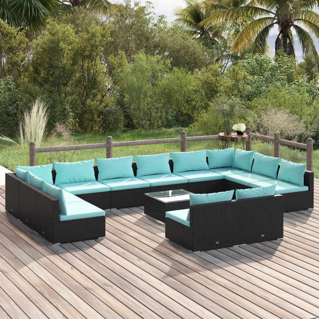 vidaXL 13-piece Garden Lounge Set with Cushions Black Poly Rattan