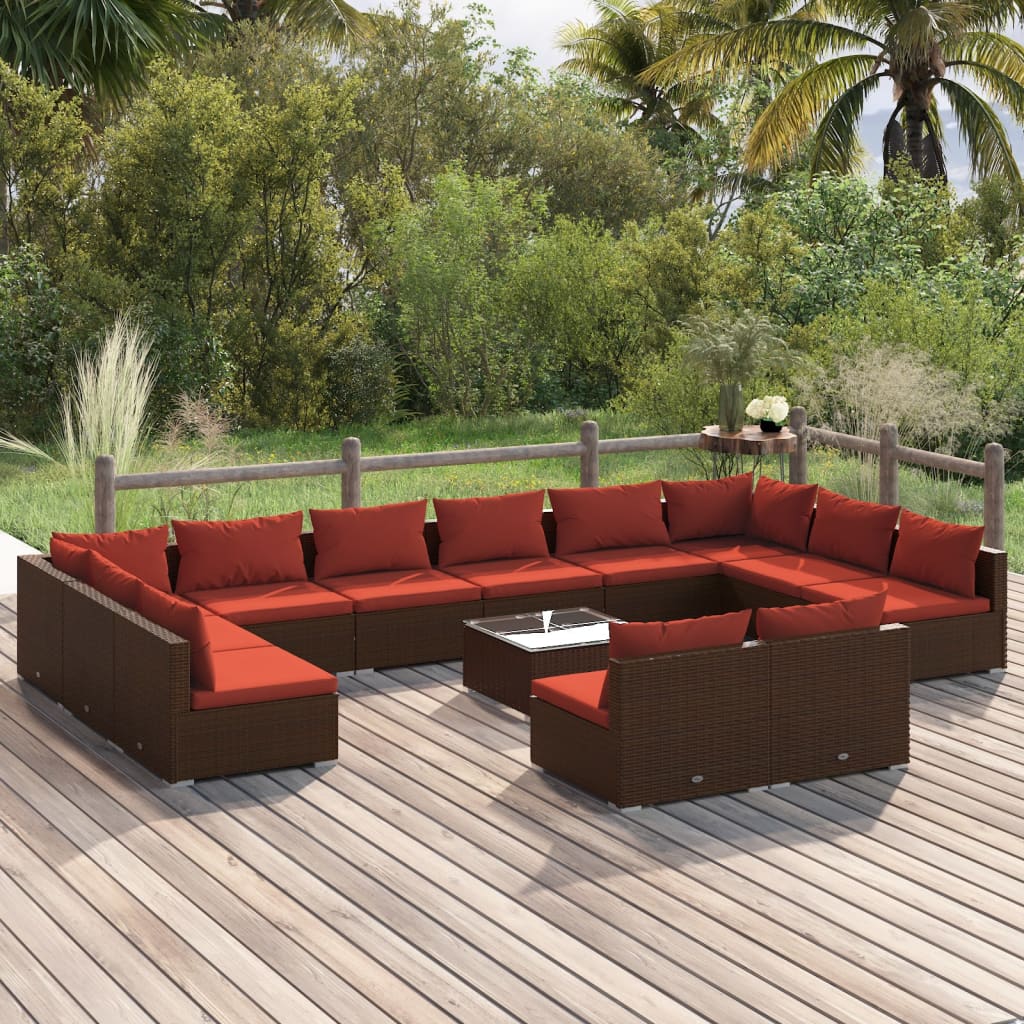 vidaXL 13-Piece Garden Lounge Set with Cushions Brown Poly Rattan