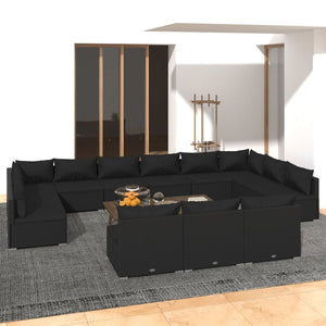 vidaXL 13-piece Garden Lounge Set with Cushions Black Poly Rattan