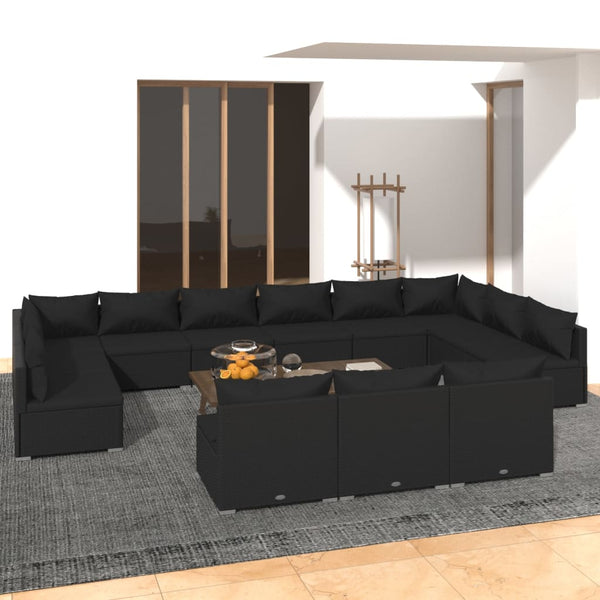 vidaXL 13-piece Garden Lounge Set with Cushions Black Poly Rattan