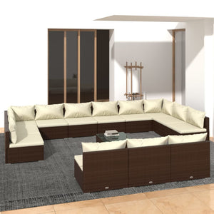 vidaXL 13-Piece Garden Lounge Set with Cushions Brown Poly Rattan