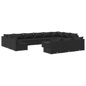 vidaXL 14-Piece Garden Lounge Set with Cushions Black Poly Rattan