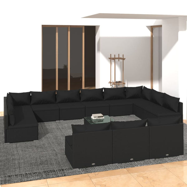 vidaXL 14-Piece Garden Lounge Set with Cushions Black Poly Rattan