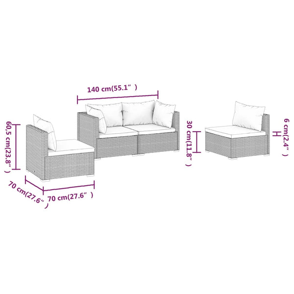 vidaXL 4-Piece Poly Rattan Garden Lounge Set with Cushions Brown