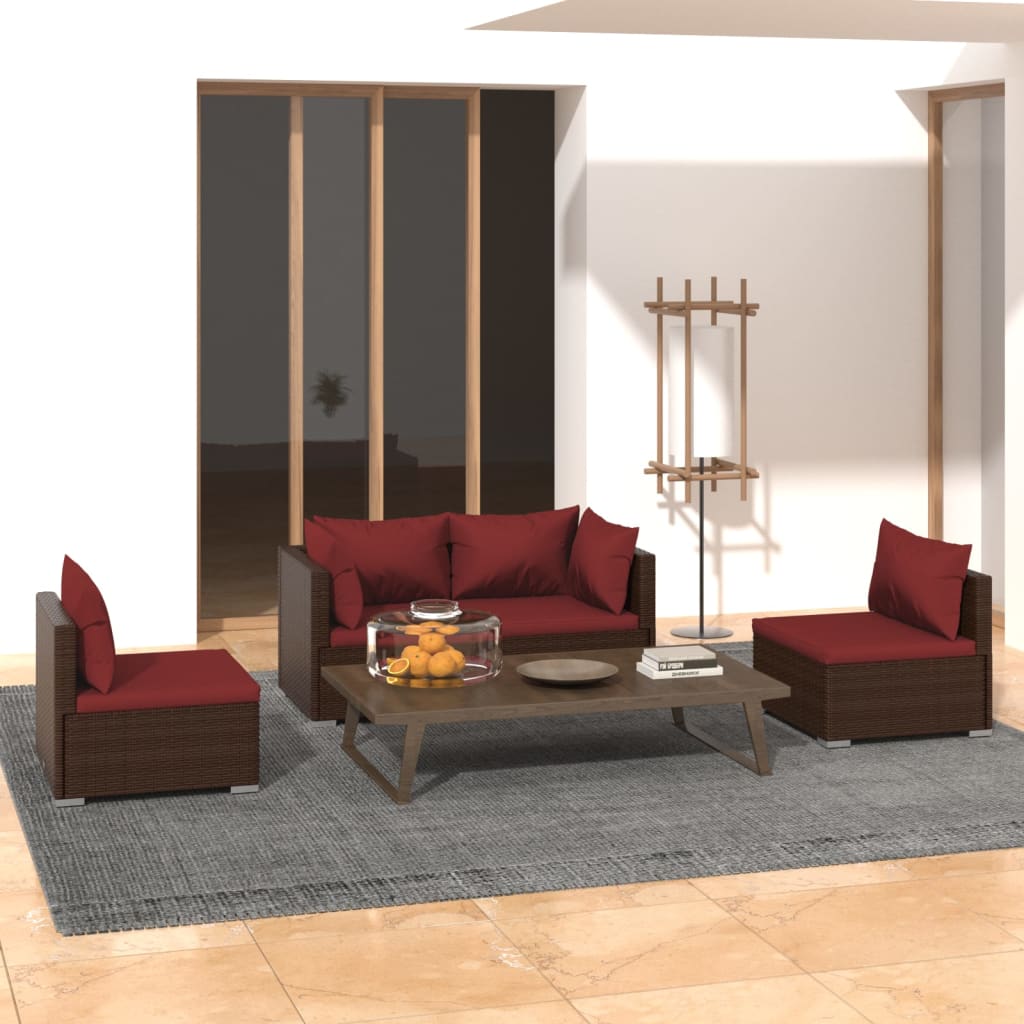 vidaXL 4-Piece Garden Lounge Set with Cushions Poly Rattan Brown