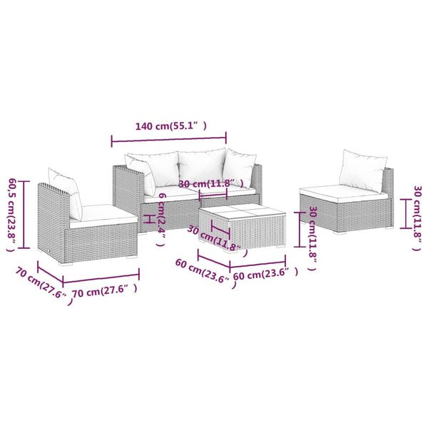 vidaXL 5-piece Garden Lounge Set with Cushions Poly Rattan Brown