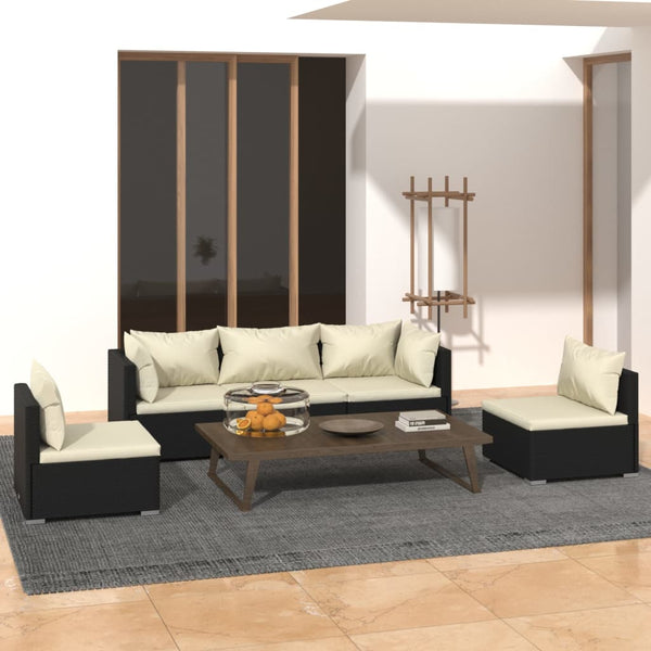 5-tlg. Garten-Lounge-Set mit Kissen Poly Rattan Schwarz