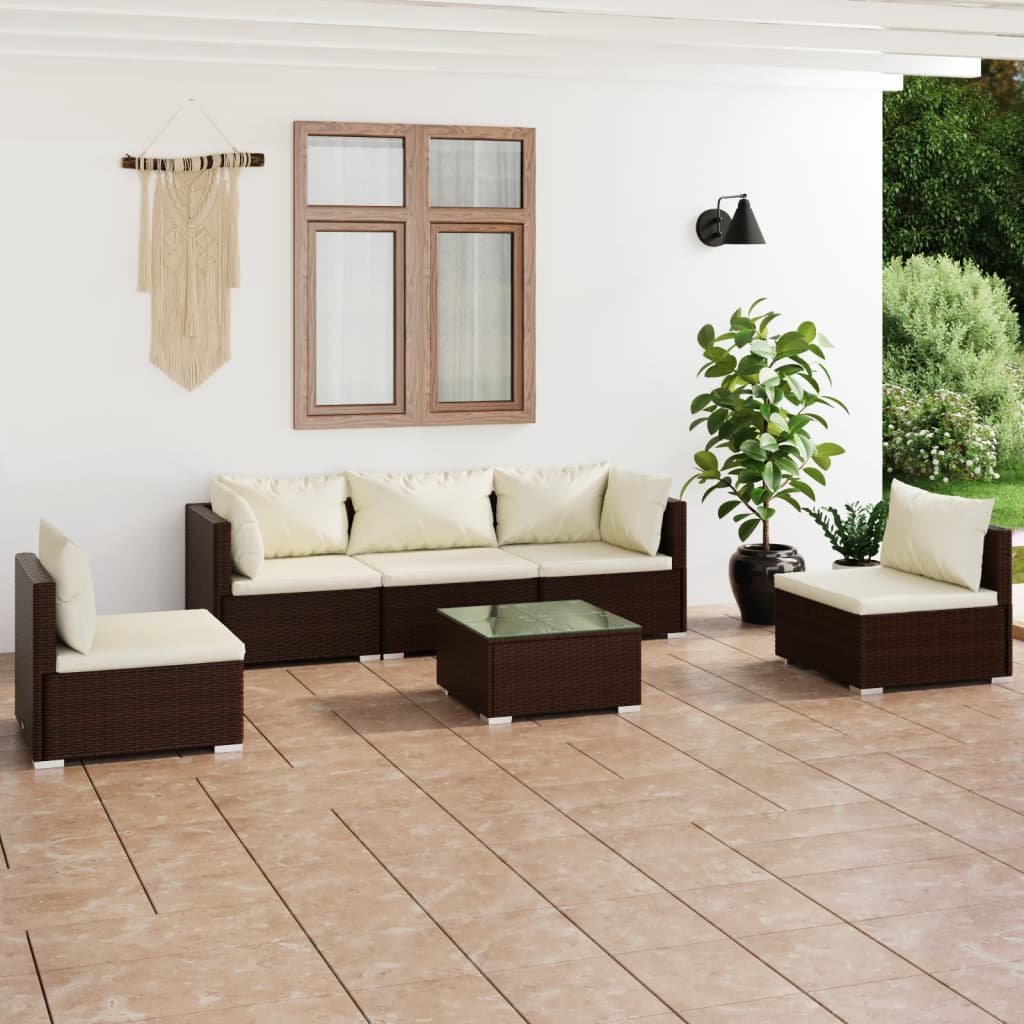 6-tlg. Garten-Lounge-Set mit Kissen Poly Rattan Braun