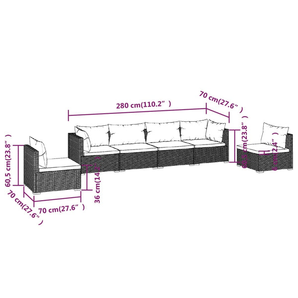 6-tlg. Garten-Lounge-Set mit Kissen Poly Rattan Schwarz