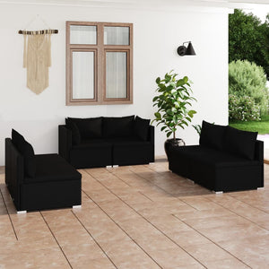 6-tlg. Garten-Lounge-Set mit Kissen Poly Rattan Schwarz