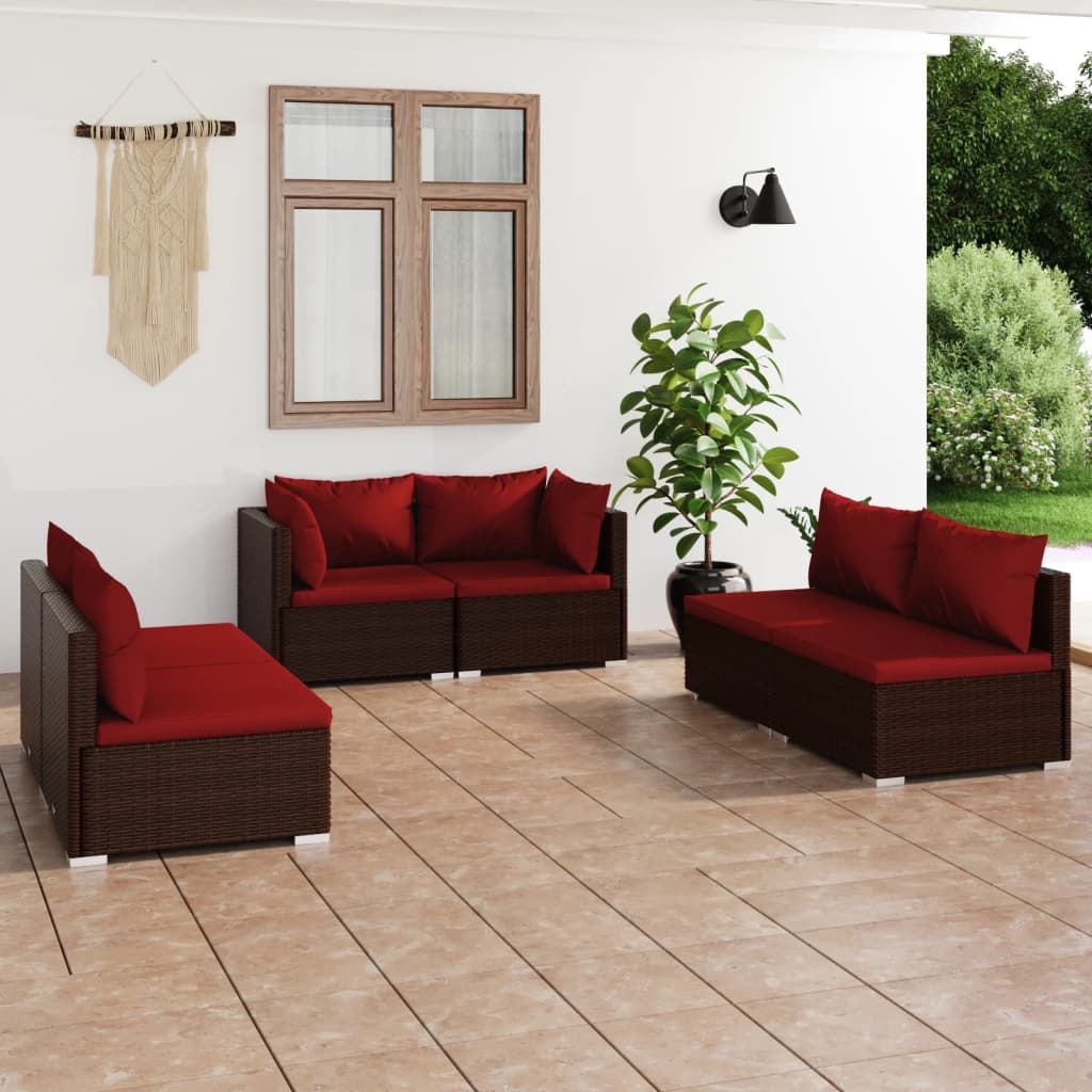 6-tlg. Garten-Lounge-Set mit Kissen Poly Rattan Braun