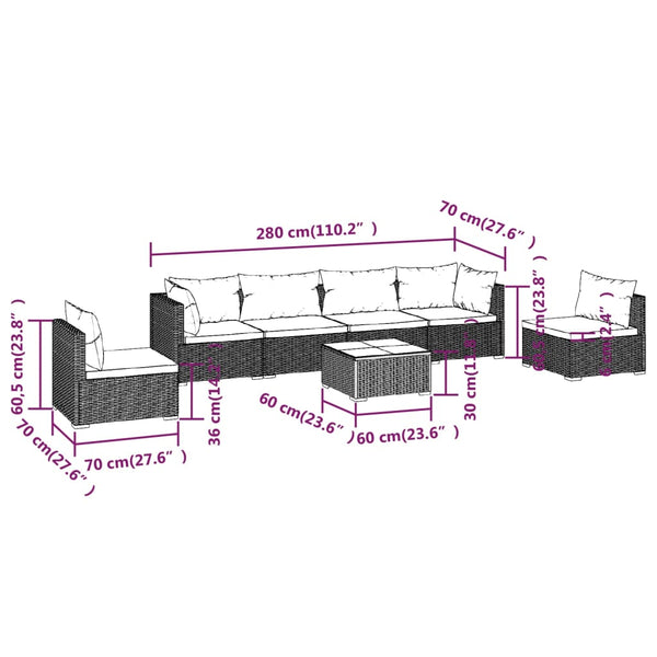 7-tlg. Garten-Lounge-Set mit Kissen Poly Rattan Schwarz