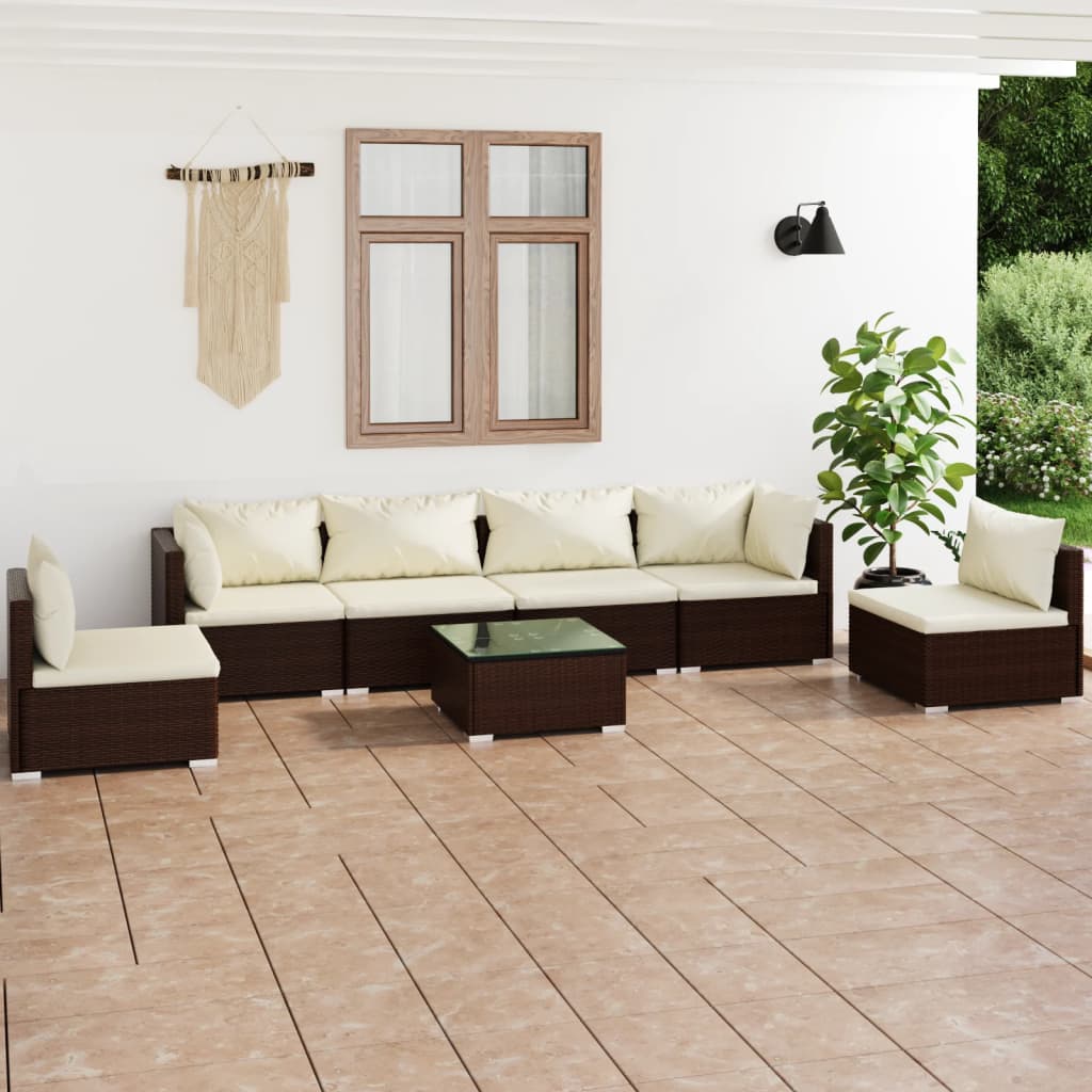 vidaXL 7-Piece Garden Lounge Set with Cushions Poly Rattan Brown