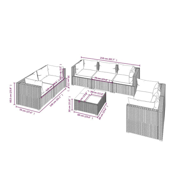 vidaXL 8-Piece Garden Lounge Set with Cushions Poly Rattan Brown