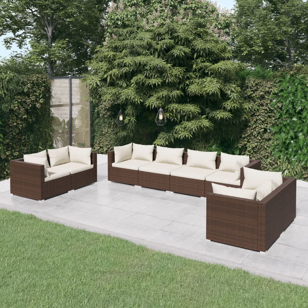 vidaXL 8-Piece Garden Lounge Set with Cushions Poly Rattan Brown