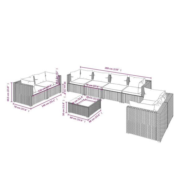 vidaXL 9-piece Garden Lounge Set with Cushions Poly Rattan Black