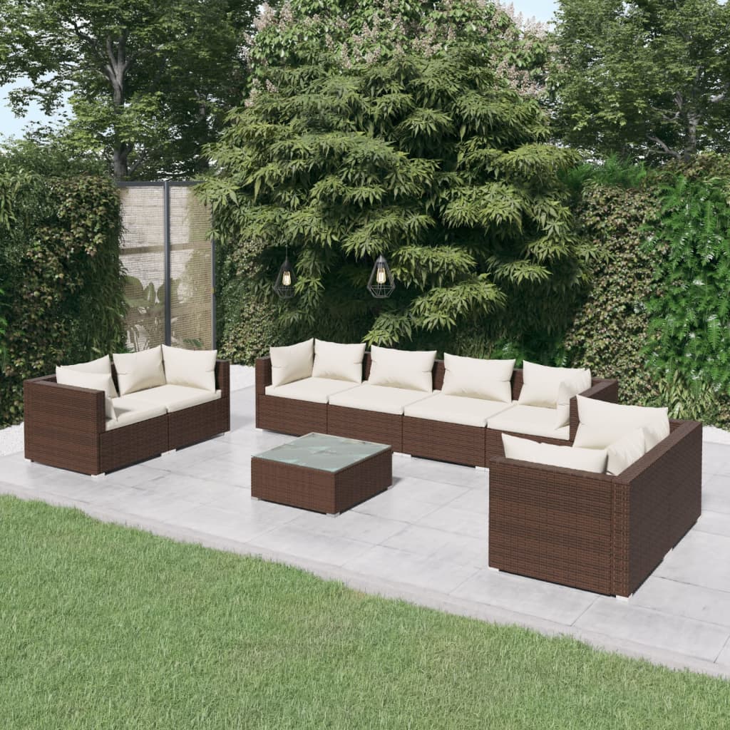 vidaXL 9-piece Garden Lounge Set with Cushions Poly Rattan Brown