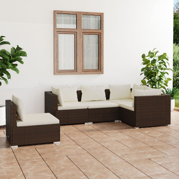 vidaXL 5-piece Garden Lounge Set with Cushions Poly Rattan Brown